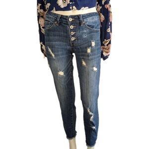 KanCan Jeans Juniors 3 Blue Skinny Distressed Rip Stretch Dark Wash Button Fly